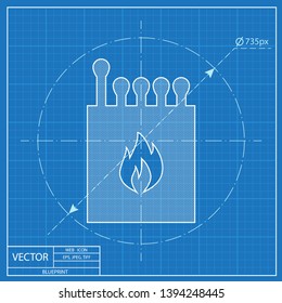 Box of matches illustration. Fire vector blueprint icon 