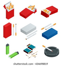 Box Of Matches, Lighters, Cigarettes Pack, Cigarette. Flat 3d Vector Isometric Illustration.