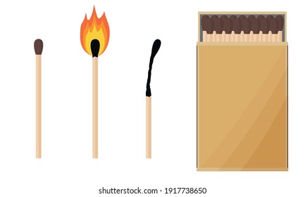 A box of matches, a match burning and burnt.