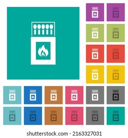 Box of matches multi colored flat icons on plain square backgrounds. Included white and darker icon variations for hover or active effects.