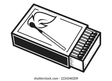 Box of matches, open full matchbox with burnt match on cover, vector