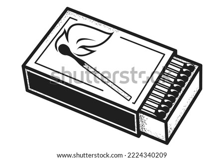 Box of matches, open full matchbox with burnt match on cover, vector