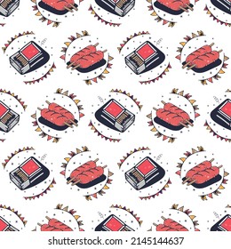 Box of matches and Sausages. Seamless pattern on a white background. Cute vector illustration.