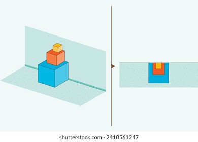 Box für Mathematik und Geometrie. 3D- und 2D-Boxen. Füchse übereinander. Menge der Felder, Ansicht von oben. Mathematik, Geometrie, Physik, Chemie, Wissenschaft.