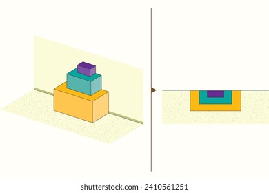 Box für Mathematik und Geometrie. 3D- und 2D-Boxen. Füchse übereinander. Menge der Felder, Ansicht von oben. Mathematik, Geometrie, Physik, Chemie, Wissenschaft.