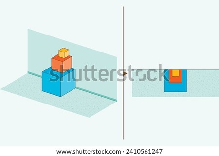 Box for mathematics and geometry. 3D and 2D boxes. Boxes on top of each other. Volumes of boxes, view from above. Mathematics, geometry, physics, chemistry, science.