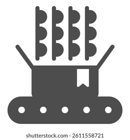 Box with medicine packs at conveyor solid icon, pharmacy concept. Vector graphics. Conveyor belt packaging, production sign on white background, glyph style icon for mobile or web design