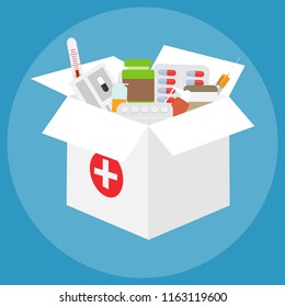 A box of medicines. A large white box with a set of medicines. Flat design, vector illustration, vector.