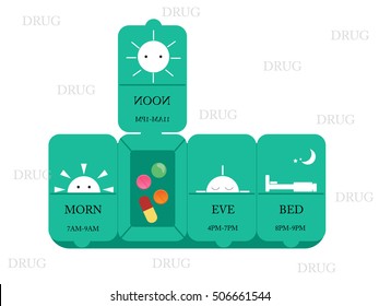 A box of medicine,vector illustration,flat design,Daily drug organizer colorful,capsule,science.