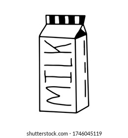 Box of milk in hand drawn doodle style. Bakery collection on an isolated white background. Stock vector illustration.
