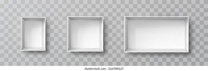 Box mock up set top view with shadow isolated on transparent background. White 3d wall shelf templates. Vector empty gift package, present or open container
