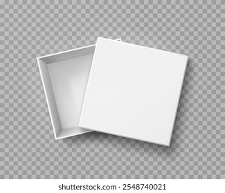 Box mock up top view with lid isolated on transparent background. White 3d empty opened container. Vector gift or present package template
