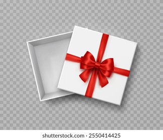 Box mock up top view with lid and red bow isolated on transparent background. White 3d empty opened container. Vector gift or present package template