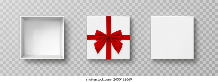 Box mock up top view with red ribbon and bow isolated on transparent background. White 3d open container. Vector empty Christmas gift package or New Year present wrap