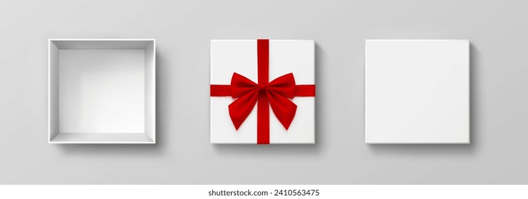 Box mock up top view with red bows isolated on gray background. White 3d open container. Vector empty Christmas gift package or New Year present wraps
