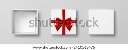 Box mock up top view with red bows isolated on gray background. White 3d open container. Vector empty Christmas gift package or New Year present wraps
