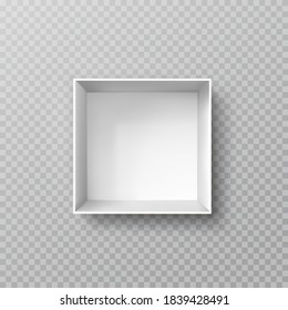 Box mock up top view with shadow isolated on transparent background. White 3d open container template. Vector empty Christmas gift package or New Year present