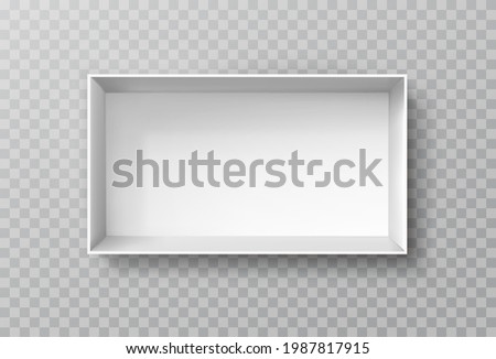 Box mock up top view with shadow isolated on transparent background. White 3d wall shelf template. Vector empty gift package, present or open container