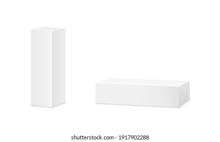 Box mockup. 3d white package for cosmetic, toothpaste and medicine. Template of carton rectangular box for tube. Blank mock up of cardboard isolated on white background. Packaging of product. Vector.