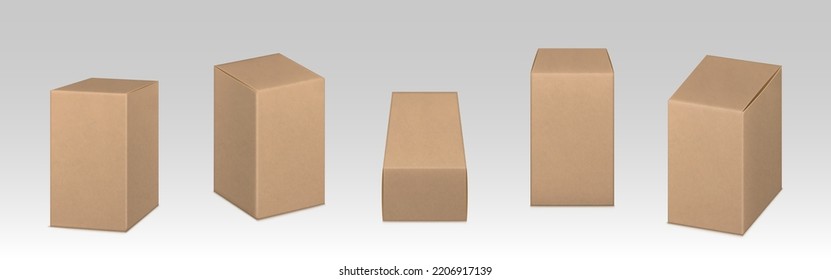 Box Mockup, Craft Eco Package, Brown Square Carton Parcel Container Front, Side, Angle View. Closed Cardboard Packaging For Goods, Isolated Distribution Blank Packs, Realistic 3d Vector Mock Up Set