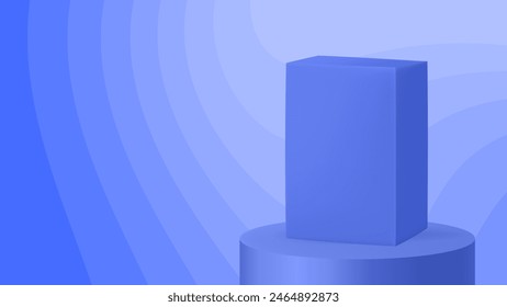 Box mockup on a blue abstract background. Wavy pattern and gradient shades. Vector illustration with editable colors. Product display. Cardboard packaging