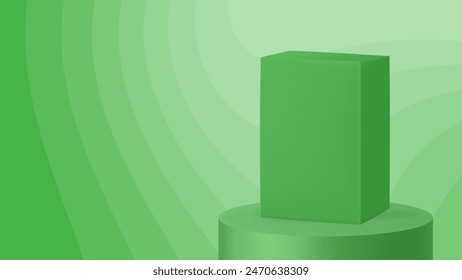 Box mockup on a green abstract background. Wavy pattern and gradient shades. Vector illustration with editable colors. Product display. Cardboard packaging	