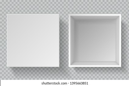 Box mockup. Top view realistic paper packaging, empty cardboard package consumer open white carton container with lid packag 3d vector template