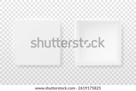 Box mockup top view. White square package with closed and open views on transparent background. Realistic design for branding or product presentation. Vector illustration.