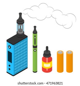 Box mod, batteries, e-cigarette and juice for vaping. Isometric illustration