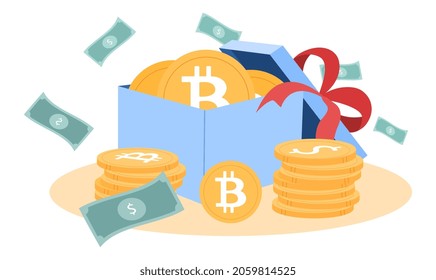 Box with money. Collection of coins, success, financial literacy. Investment concept, income, earnings on Internet. You get prize. Cartoon flat vector illustration isolated on white background