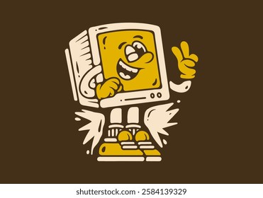 Box monitor character illustration with peace hand in yellow brown colors