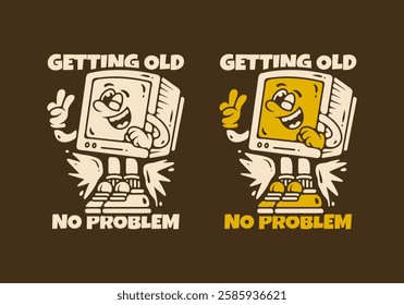 Box monitor character illustration with peace hand in yellow brown colors. Getting old no problem. In 2 different colors