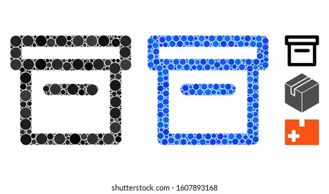 Box mosaic of round dots in various sizes and color hues, based on box icon. Vector round dots are united into blue mosaic. Dotted box icon in usual and blue versions.