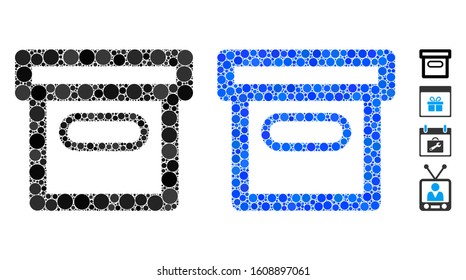 Box mosaic of small circles in different sizes and shades, based on box icon. Vector random circles are combined into blue mosaic. Dotted box icon in usual and blue versions.