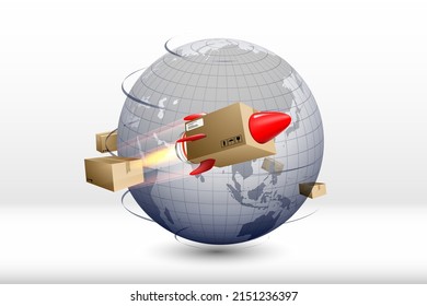 Box move fast like a rocket, concept shipment containers product with logistics and delivery service online import-export transportation order instant shipping to customer around the world