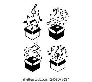 box of music notes flying vector design icon black white illustration collections template sets isolated
