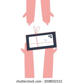 Eine Kiste mit einem neuen Telefon wird von Hand zu Hand übergeben. Verkauf des Telefons als Geschenk. Flache Vektorgrafik.