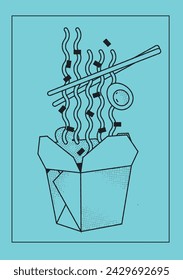 caja de fideos con huevo y palillos. ilustración de línea vectorial. póster fondo azul