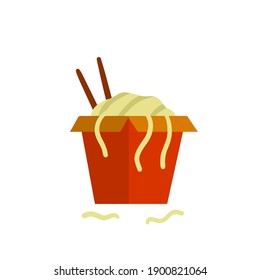Box of noodles. Asian fast food with chopsticks. Red packaging of macaroni. Japanese and Chinese junk street food. Flat cartoon illustration