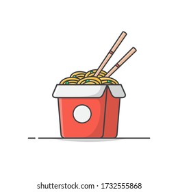 Box Of Noodles With Boiled Eggs And Chopsticks Vector Icon Illustration. Oriental Noodle Food. Asian Noodles Icon