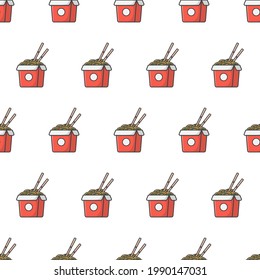 Box Of Noodles Seamless Pattern On A White Background. Oriental Noodle Food Theme Vector Illustration