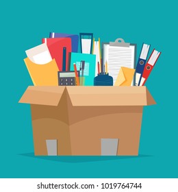Box with office objects. Papers, documents, folders, calculator, pen and pencil. Cartoon flat style vector illustration.