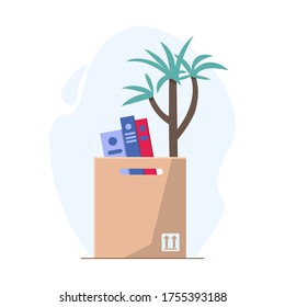 Kiste mit Büroartikeln und Pflanze. Flache Vektorgrafik. Transportieren von Boxen in neue Heimbüros. Transportunternehmen. Konzept zum Verlust von Arbeitsplätzen entwerfen. Vorlage für Website, Zielseite