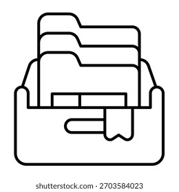 Caja con viejos casos icono de línea delgada, concepto de fuerza policial. Gráficos de Vector. Carpetas de documentos de evidencia, signo de seguimiento sobre fondo blanco, icono de estilo de contorno para móvil o Diseño web