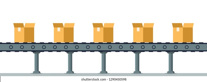 Box on Automatic Mechanical Packing Conveyor Line. Moving Belt with Open Cardboard Package or Parcel on Factory. Warehouse, Storage Boxing Equipment. Flat Cartoon Vector Illustration
