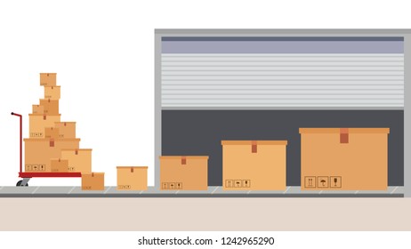 Box on cart. Cart cartoon vector. free space for text. wallpaper. copy space. Sliding rail product. box vector. warehouse door.