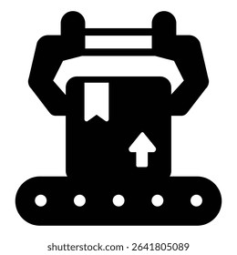 Box on conveyor with large robotic arm solid icon, pharmacy concept. Vector graphics. Conveyor belt package, production sign on white background, style mobile or design