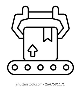 Box on conveyor with large robotic arm thin line icon, pharmacy concept. Vector graphics. Conveyor belt package, production sign on white background, style mobile or design