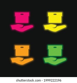 Box On Hand four color glowing neon vector icon