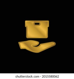 Box On Hand gold plated metalic icon or logo vector